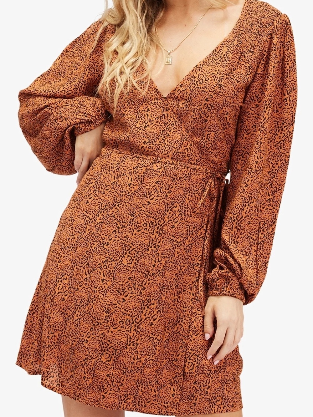 Billabong Rust Animal Print Long Sleeve Wrap Dress